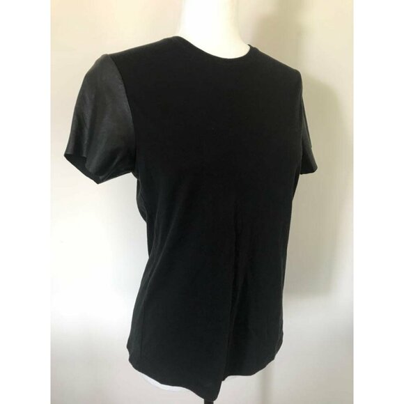 VINCE Short Lamb Skin Sleeve Top Womens Size Small Black Cotton Leather - Picture 4 of 9